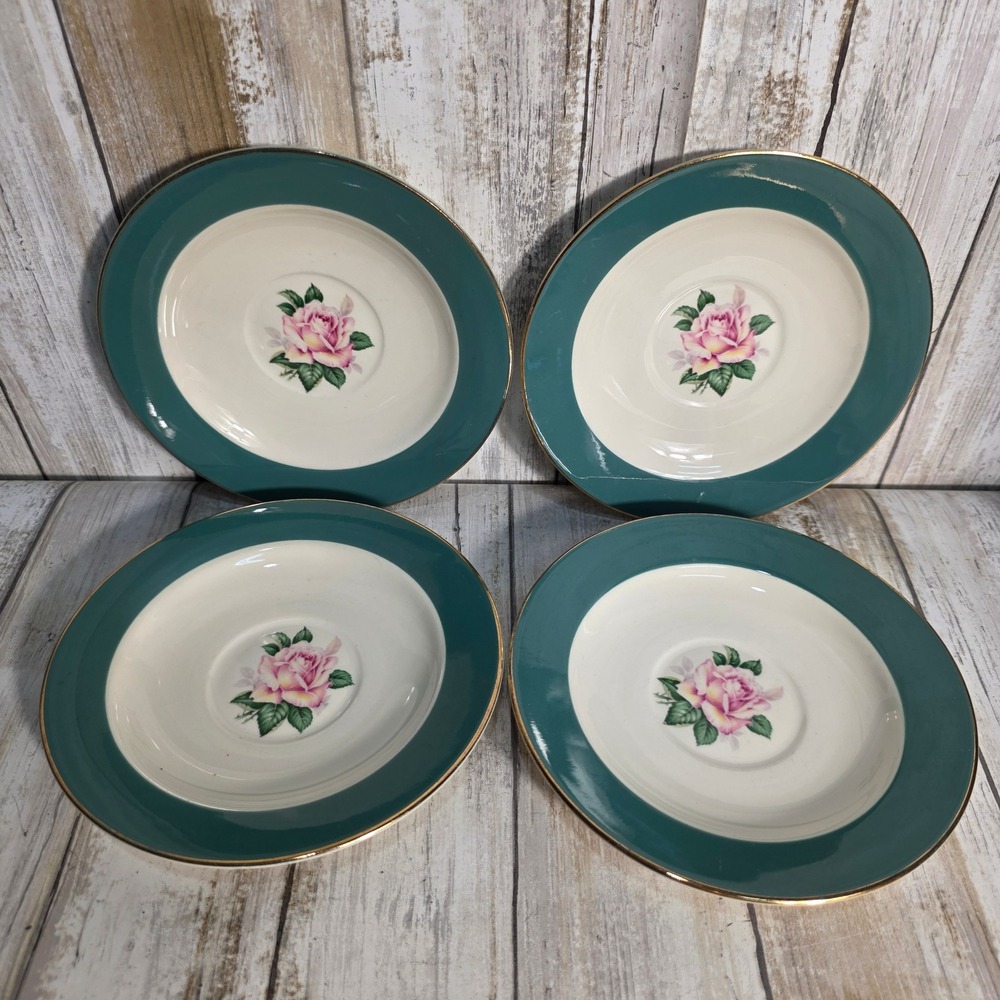 Lifetime China Co Cameo Pink Rose Teal Rim Gold Trim Soup Bowls Set of 4 Vintage